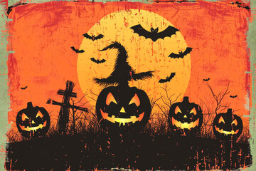 Unique Halloween T-shirt design showcases minimalist style with retro colors. Features include carved pumpkins, witch silhouette, bats, and full moon, perfect for autumn festivities.