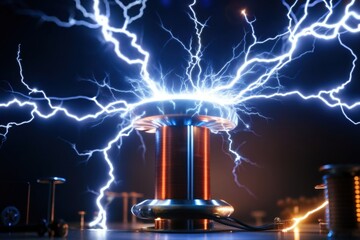 Electric energy power concept with Tesla coil electric discharge spreading lightning bolts and sparks