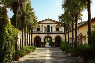 Fototapeta premium A spacious villa with an elegant portico, large palm trees lining the entrance, and a series of arched windows providing plenty of light 