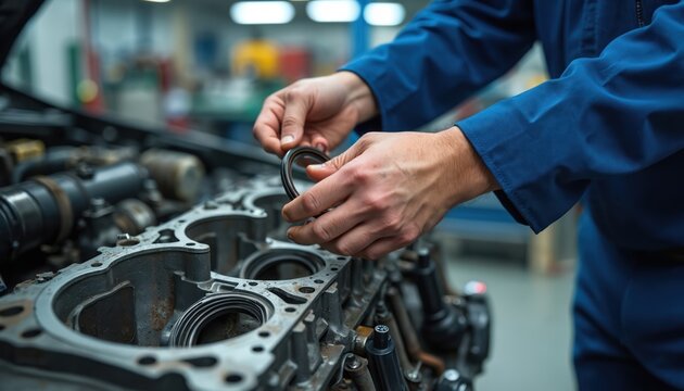 Auto mechanic works on car engine block in workshop garage. Worker hands hold small component for vehicle motor repair assembly. Tech installs specific part during maintenance. Disassembled auto