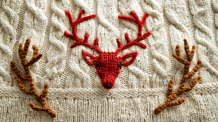 Cozy knitted fabric background. Red reindeer centerpiece surrounded by a pattern of textured cables. Ideal for holiday decorating and winter clothing projects, it evokes warmth and joy