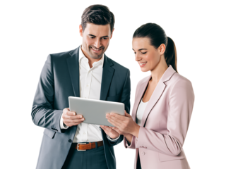 Smiling businesspeople working together on a digital tablet, transparent background, png

