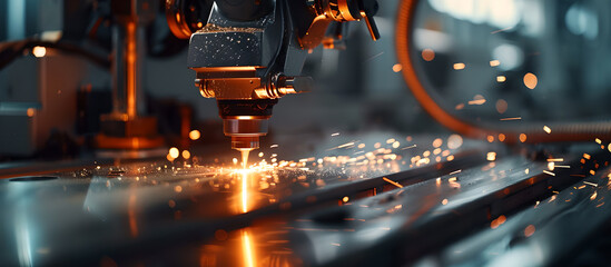 An industrial robotic arm is engaged in a precise cutting process, generating sparks as it works on metal.