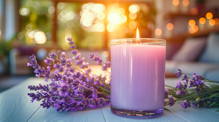 A lovely lavender candle jar emits a soft glow beside fresh lavender flowers in a cheerful, sunny living room. The warm light enhances the cozy atmosphere. Mock up, design. Copy space