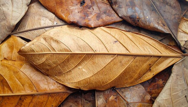 A close-up view of intricate patterns on dried leaves, showcasing a range of warm autumnal hues and textures.