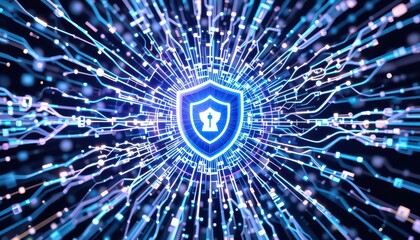Digital shield glowing with secure data network protecting against cyber threats, advanced technology concept
