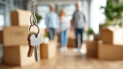 New house keys hanging in foreground with blurred family standing in background moving into new home real estate ownership happy buyers mortgage concept first property celebration - Powered by Adobe