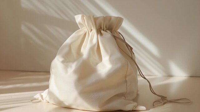 A white drawstring bag is placed on the floor