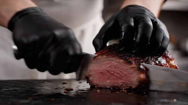 Chef Slicing Juicy Steak with Precision in a Professional Kitchen Setting Close Up