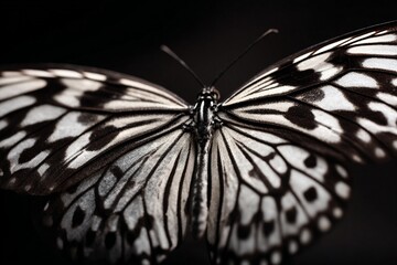 A beautiful monarch butterfly with orange and black wings is captured in a close-up macro shot, isolated against a sleek black backgroundA beautiful monarch butterfly with orange and black wings is ca