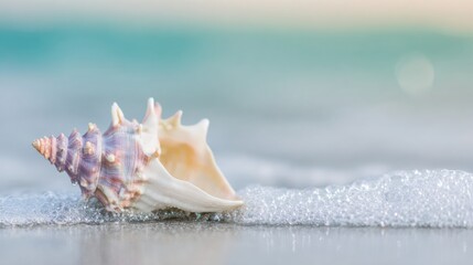 Seashell resting on sandy beach with gentle waves during sunset