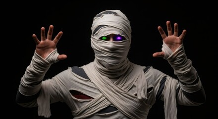 Man dressed as a mummy with glowing eyes for a Halloween party. Costume of an ancient Egyptian creature for horror film promotion.