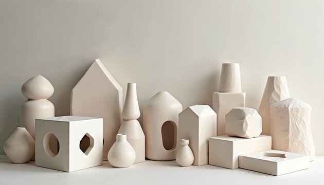 Various geometric shapes and vases are arranged against light beige backdrop. Composition features diverse sizes and forms in neutral tones. It evokes sense of modern design. Minimalist aesthetic. - Powered by Adobe