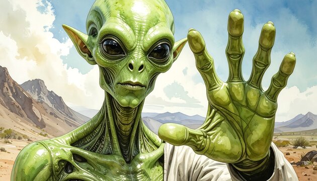 Alien Figure Stops in Desert Landscape