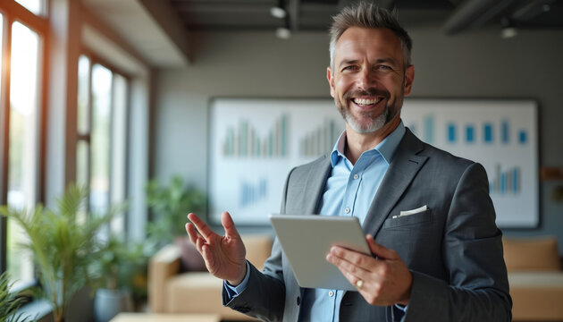 Smiling man in suit holds tablet near presentation screen with graphs. Confident businessman gestures with hand. Modern office background with plants. Professional presentation online meeting. - Powered by Adobe