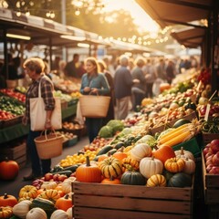 Colorful pumpkins and squash in wooden crates at a vibrant outdoor market with people strolling in the background. Autumn harvest season concept.