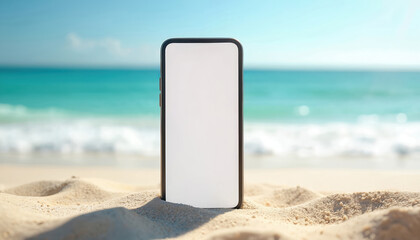 Smartphone with blank screen on sand beach. Gentle ocean waves and blue sky in background. Perfect for vacation app promotion, travel tech showcase, or summer mockup.