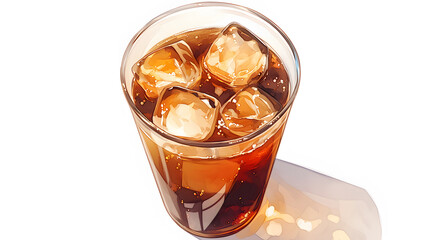 A clear glass filled with a brown iced beverage containing several ice cubes, providing a refreshing visual.