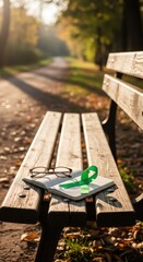 Eyeglasses, green ribbon, and open notebook on wooden park bench. Awareness, education, and contemplation concept. Mental health, remembrance.
