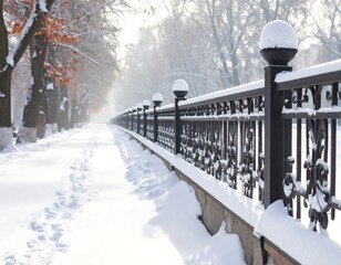 Winter's Embrace of Ornate Metal Fence