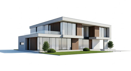 Luxurious Contemporary Modern House with Expansive Windows and Green Lawn in Bright Studio Background; Elegant Residential Property Exterior