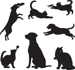 A Collection of Playful Silhouettes Featuring Dogs and Cats in Various Poses and Activities Against a White Backdrop