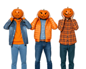Three people with pumpkin heads wearing casual outfits against a solid black studio backdrop posing for halloween