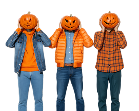 Three people with pumpkin heads wearing casual outfits against a solid black studio backdrop posing for halloween
