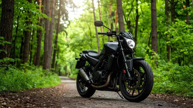 Modern black motorcycle parked along a dirt road surrounded by vibrant green trees, showcasing the vehicle in a natural forest setting