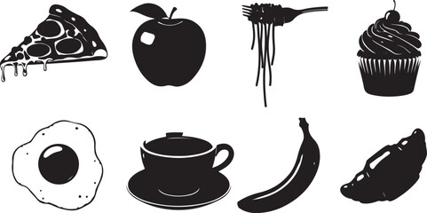 A Delicious Assortment A Culinary Symphony of Pizza, Fruit, Pasta, Cupcake, Egg, Coffee, Banana and an Unidentified Food Item