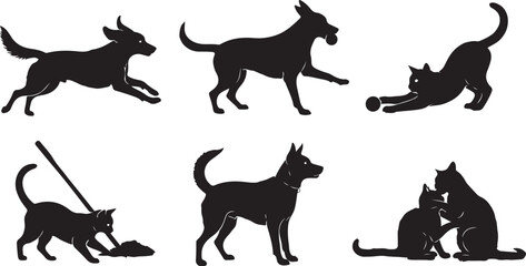 Playful Animal Silhouettes Dogs and Cats in Various Poses of Playfulness and Affection in a Seamless Pattern