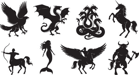 Mythical Creatures Silhouettes A Collection of Iconic Fantasy Figures Displayed in Bold Black Perfect for Storytelling and Imagination