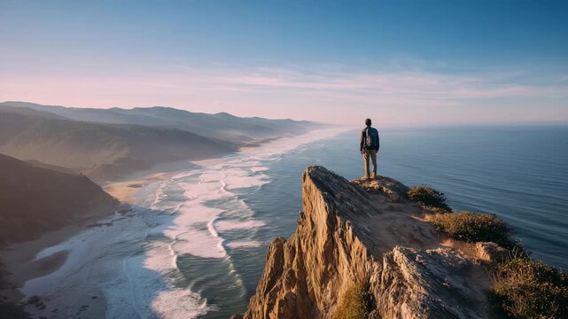 Person standing on high cliff above ocean looking at horizon breathtaking coastal landscape with sea waves mountains and cloudy sky symbol of travel adventure freedom and exploration