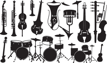 Musical Instruments Ensemble Diverse Instruments Silhouettes A Symphony of Sound Depicted Through Shadows and Shapes Rhythmic Designs with Harmonic Forms