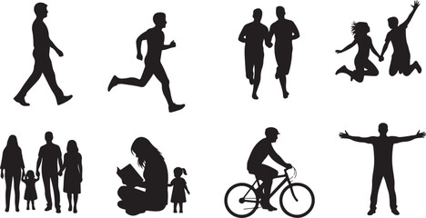 Diverse Activities Silhouettes Showcasing Walking, Running, Jumping, Cycling, Reading, and Family Time in Black and White
