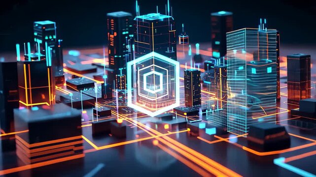 A city of the future illuminated by vibrant neon lights and adorned with sleek lines and architectural elements, NAS storage shown as a glowing, futuristic city grid, AI Generated