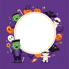 Obraz premium Halloween-themed illustration of Frankenstein's monster, ghosts, bats, and jack-o-lanterns surrounding a large white circle on a purple background.