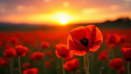 Crimson Dreams at Sunset: A Field of Poppies Bathed in Golden Light "Whispers of Red: Poppies Dancing Beneath a Fiery Horizon
