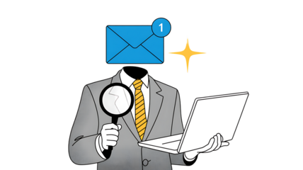 Headless businessman with email, laptop, and magnifying glass


