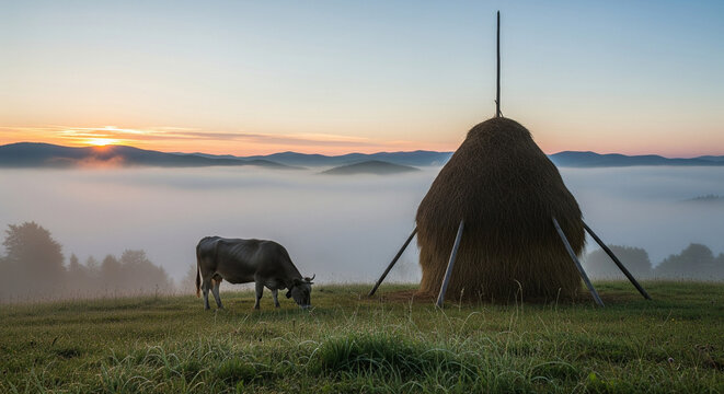 sunrise over the meadow with cow