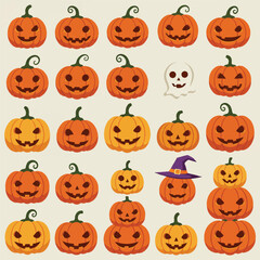 Fototapeta premium Flat lay of multiple carved pumpkins and Halloween decorations on a beige background with a witch's hat and a ghost.