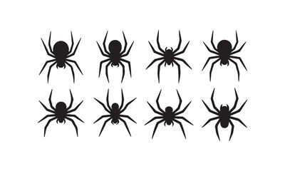 Collection of eight black spider silhouettes isolated on white background