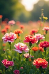 Vibrant Carnations Blooming in Sunny Wildflower Meadow Delicate Petals, Diverse Colors, Perfect for Springtime Floral Designs