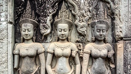 Intricate stone carvings of serene figures adorn a temple wall, showcasing detailed artistry and historical significance.