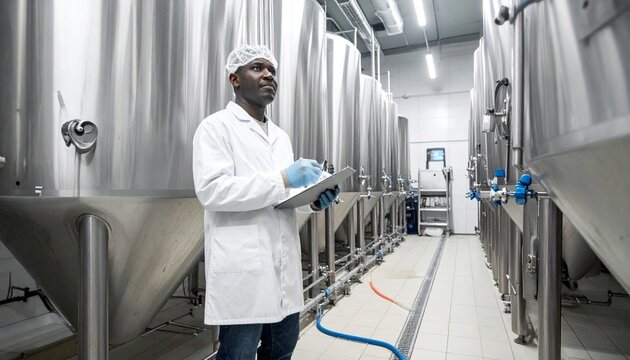 Craft brewery fermentation tanks master brewer monitoring temperature specific gravity during beer production process