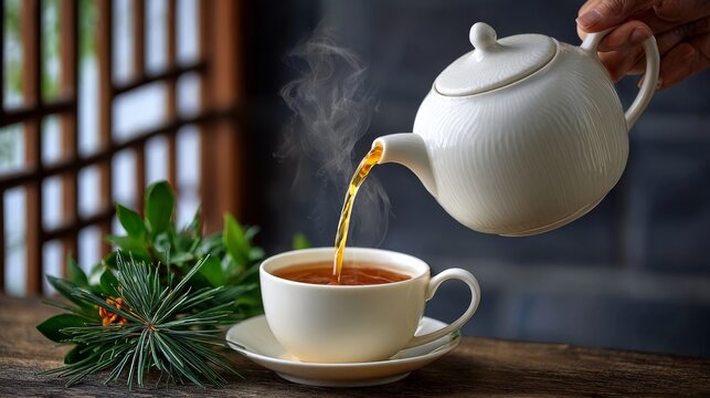 A person is pouring tea from a teapot into a cup. The tea is steaming and the cup is on a saucer. The scene is calm and peaceful, with the person enjoying a moment of relaxation - Powered by Adobe