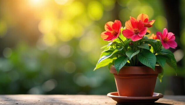Fototapeta Vibrant potted flowering plant in a rustic terracotta pot, bathed in sunlight  Perfect for home decor, gardening, and springtime themes ,  decoration,  green leaves,  plant pot