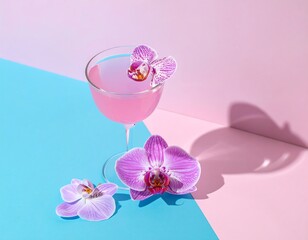 Fototapeta premium Pink Cocktail with Orchids on Dual Tone Background