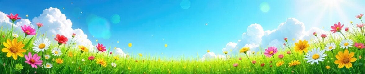 Fototapeta premium Vibrant summer scene featuring lush green grass, a bright blue sky, and colorful flowers in full bloom Perfect for summer themes, travel brochures, or seasonal advertising , serenity, nature, travel