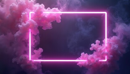 Pink neon frame with smoke. Abstract background with vibrant neon light. Clouds frame modern background. Rectangle illuminated frame. Empty space. Copy space for text. Party banner backdrop.